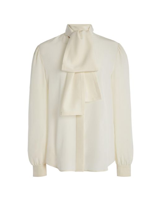 Saint Laurent White Lavaliere Bow Silk Top