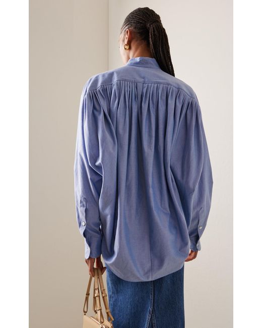 Etro Blue Oversized Pleated Cotton-oxford Top