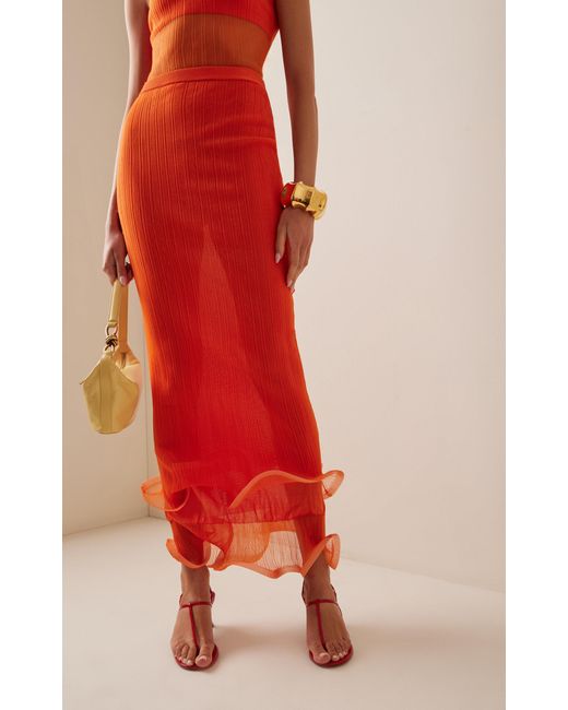 Jonathan Simkhai Orange Kelso Ruffled Plisse-knit Maxi Skirt