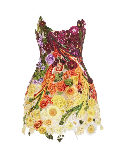 Oscar de la Renta Multicolor Floral-embroidered Tulle Mini Dress