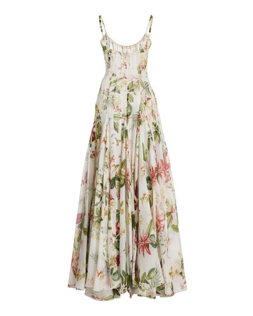 Oscar de la Renta White Floral & Fauna Silk Gazar Maxi Dress