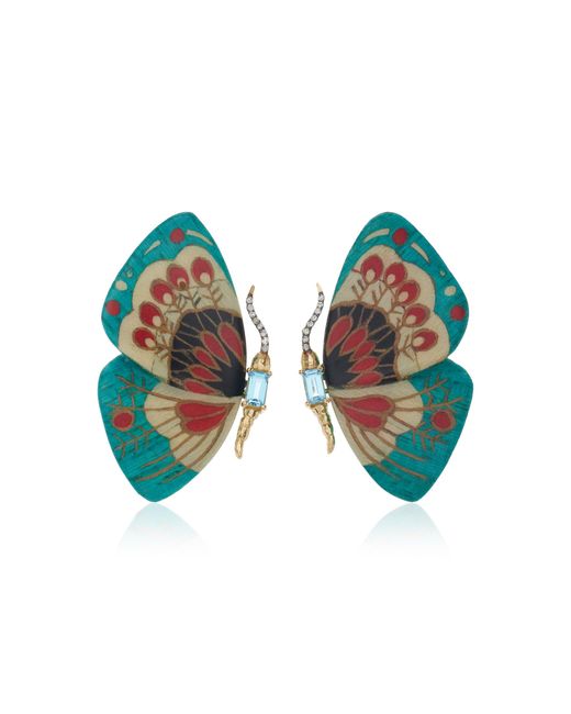 Silvia Furmanovich Blue Marquetry Butterfly 18k Yellow Gold Diamond, Apatite Earrings for men