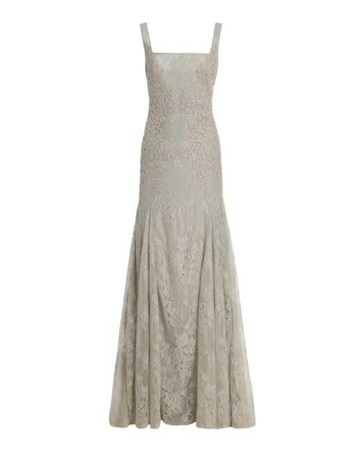 Costarellos Natural Elysia Beaded Lace Gown