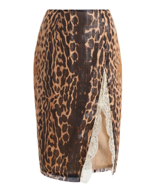 LAQUAN SMITH Brown Lace-Trim Silk-Blend Pencil Skirt