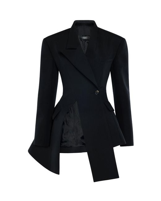 A.W.A.K.E. MODE Black Asymmetric Wool Volume-Contrast Blazer
