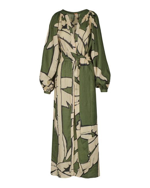 Johanna Ortiz Green Weaving Weves Printed Linen Midi Dress