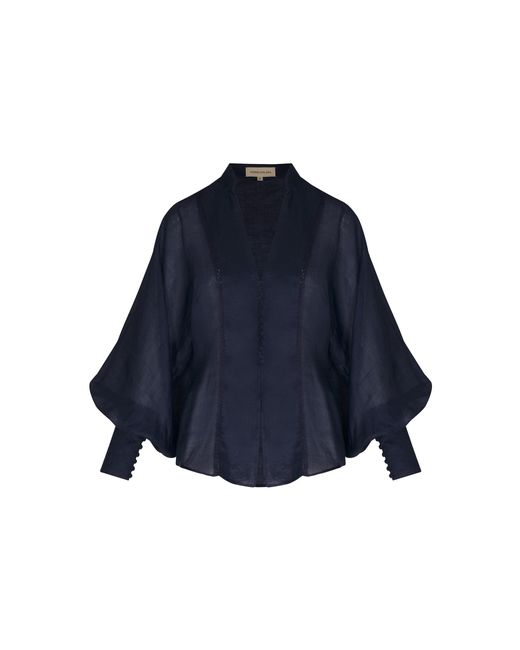 ANDRES OTALORA Blue Rocas Del Mar Puff-sleeve Linen Blouse