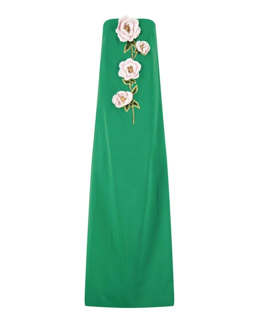 Lela Rose Green 3D Peony Embroidered Faille Gown