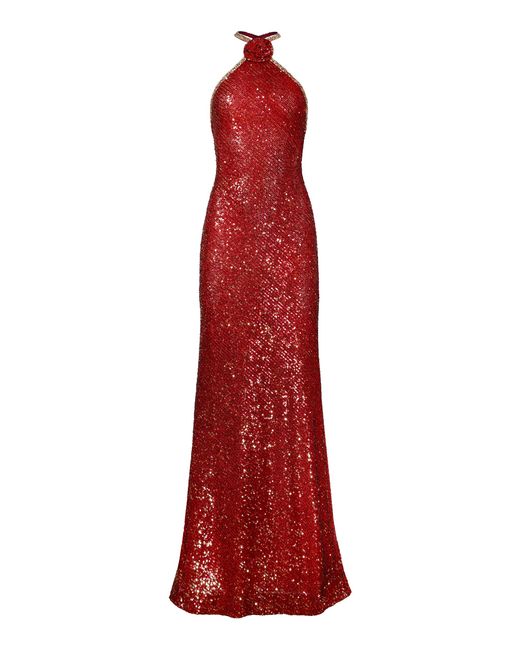 Naeem Khan Red Flower-detailed Stretch Sequined Gown
