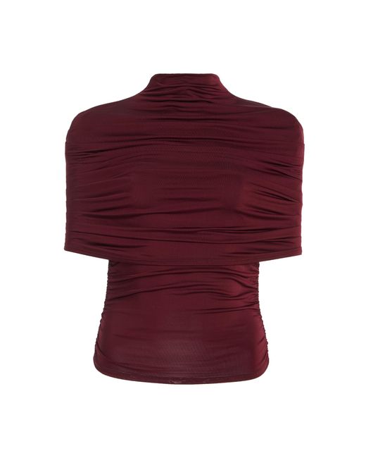 LAPOINTE Red Ruched Jersey Mock-Neck Top