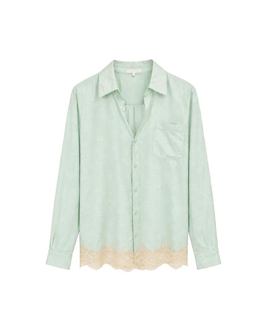 LoveShackFancy Green Hudley Contrast Lace-Trim Silk-Blend Shirt