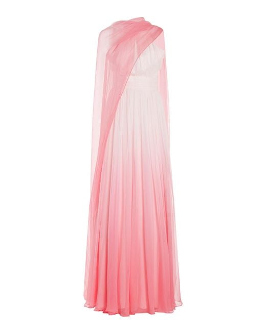 Monique Lhuillier Pink Ombre Chiffon Silk Gown With Cape