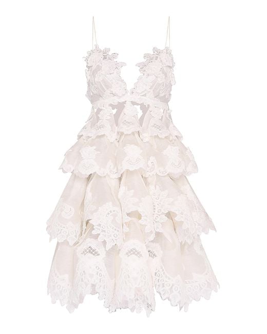Zimmermann Natural Crush Tiered Linen-Silk Lace Mini Dress