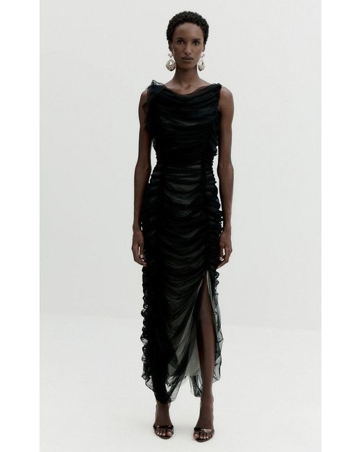 De La Vali Black Zarela Asymmetric Gathered Tulle Midi Dress