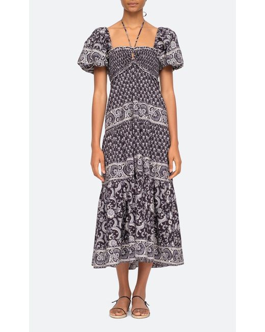 Sea White Jasper Border Puff-Sleeve Cotton Midi Dress