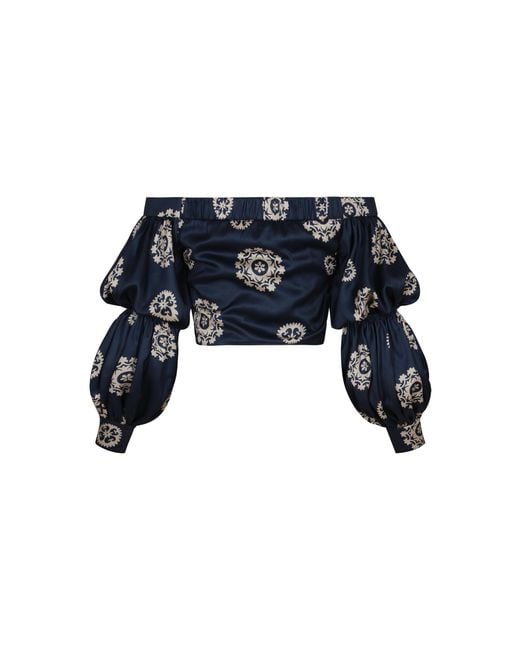 ANDRES OTALORA Blue Zinu Gathered Puff-sleeve Crop Top