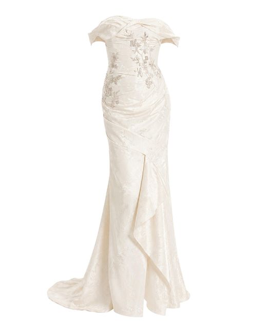Sandra Mansour White Breathless Silk Brocade Midi Dress