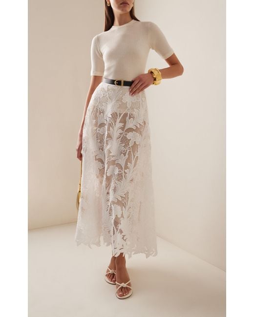 Oscar de la Renta White Embroidered Guipure Lace Midi Skirt