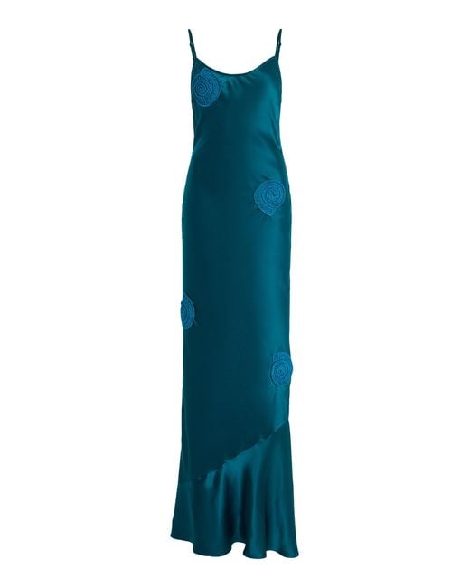 Nia Thomas Blue Exclusive Aurelia Hand-Crocheted Silk-Charmeuse Maxi Slip Dress