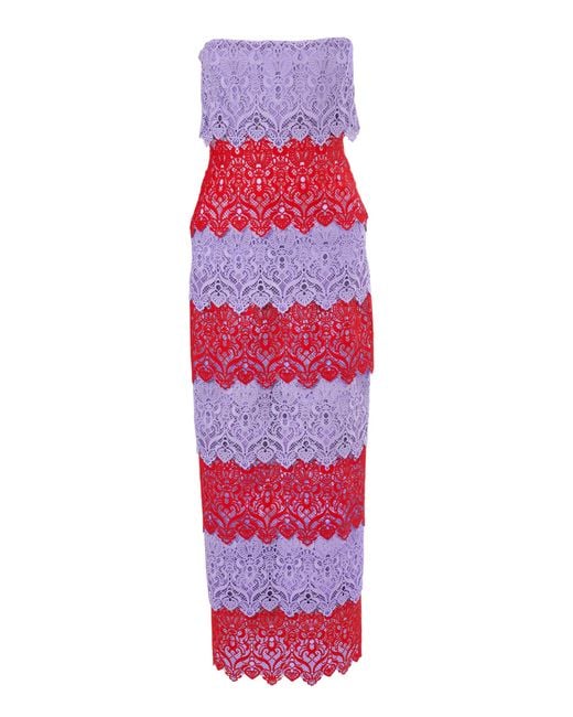 Carolina Herrera Red Strapless Lace Maxi Dress