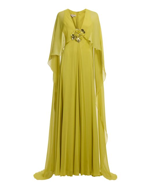 Elie Saab Green Cape-Sleeve Silk Gown