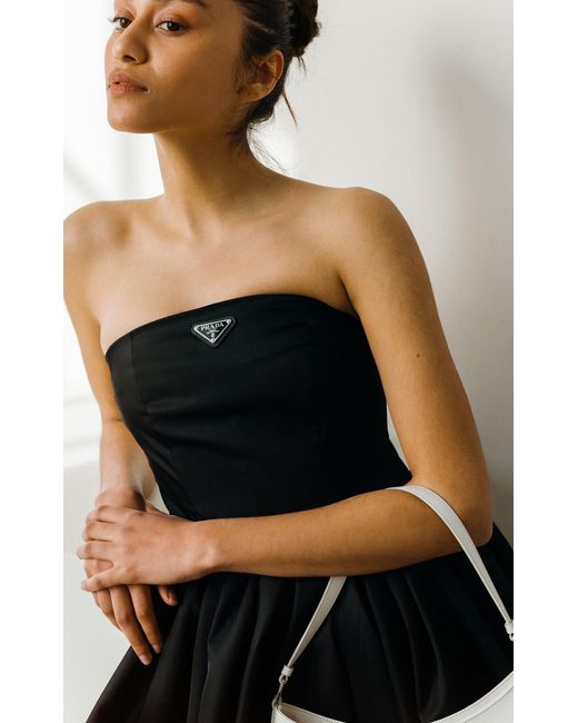 Prada Logo-detailed Nylon Gabardine Strapless Midi Dress in Black | Lyst