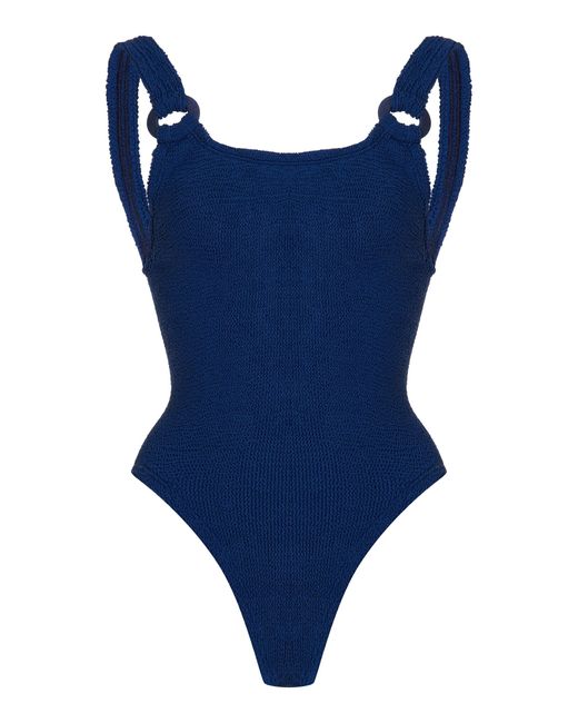 Hunza G Blue Domino Seersucker One-piece Swimsuit
