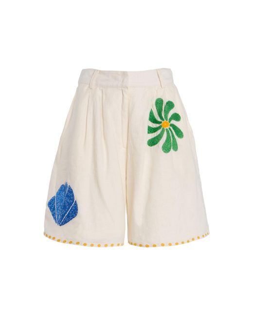 Cala De La Cruz White Sia Embroidered Linen Shorts