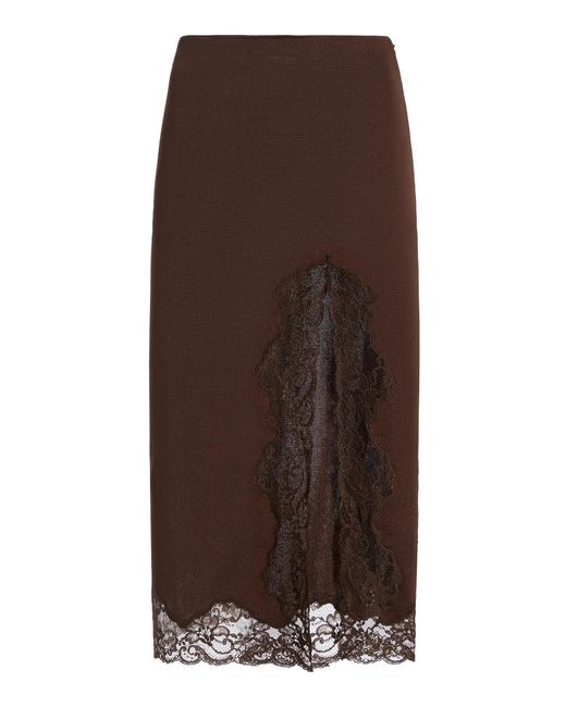 Balmain Brown Lace Slit Knit Knee-Length Skirt