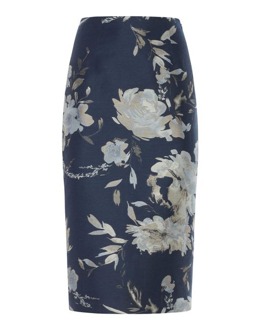 Ralph Lauren Blue Whitley Floral Linen Taffeta Midi Skirt