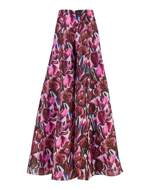 Carolina Herrera Red High-Rise Iris Print Silk Gazar Wide-Leg Pants