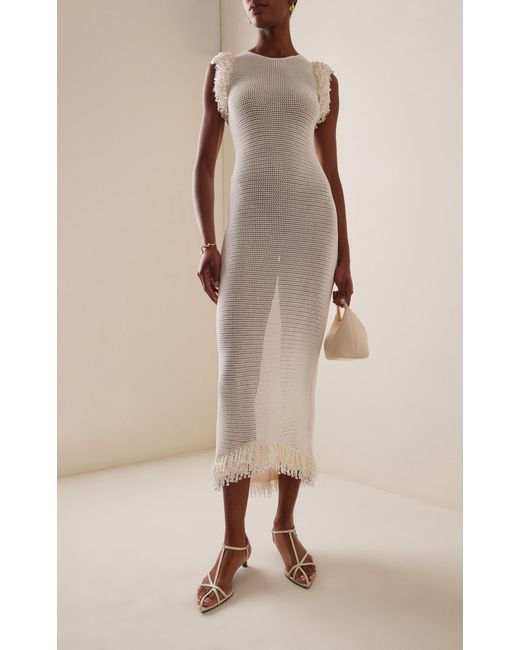 Paris Georgia White Fringed Knit Cotton Maxi Dress