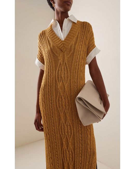 Rosie Assoulin Yellow Lurex Cable-knit Midi Sweater Dress
