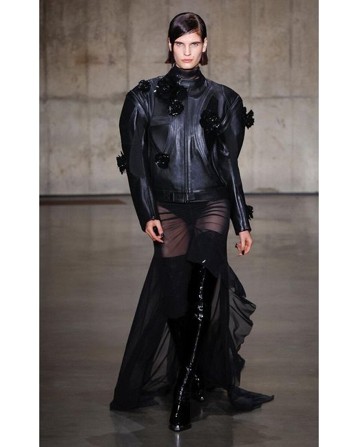 David Koma Black Floral-appliquéd Leather Moto Jacket