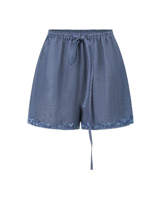 Into The East Blue Embroidered Linen Shorts