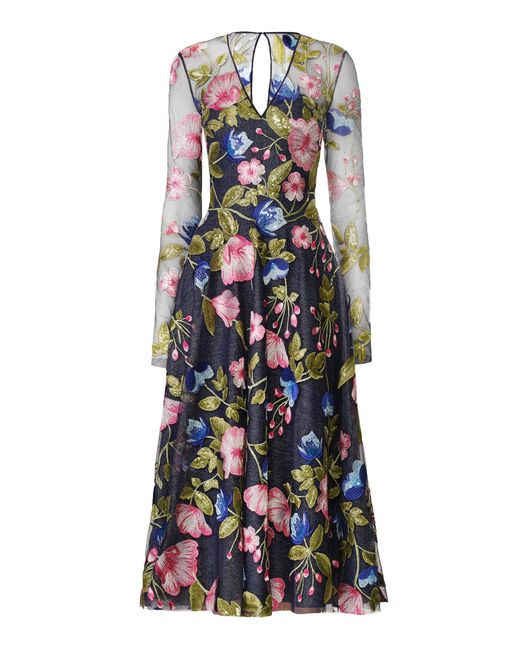 Naeem Khan Blue Sequin Floral Lace V-Neck Long Sleeve Cocktail Dress