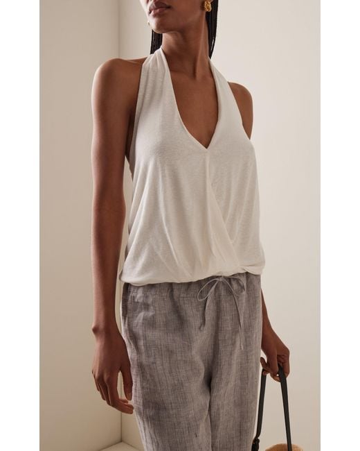Deiji Studios White Linen-Blend Jersey Wrap Halter Top