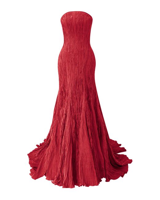 Marmar Halim Red Strapless Pleated Taffeta Mermaid Dress