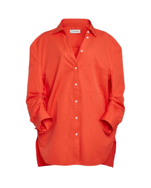 Lanvin Orange V-Neck Ruched Cotton Shirt