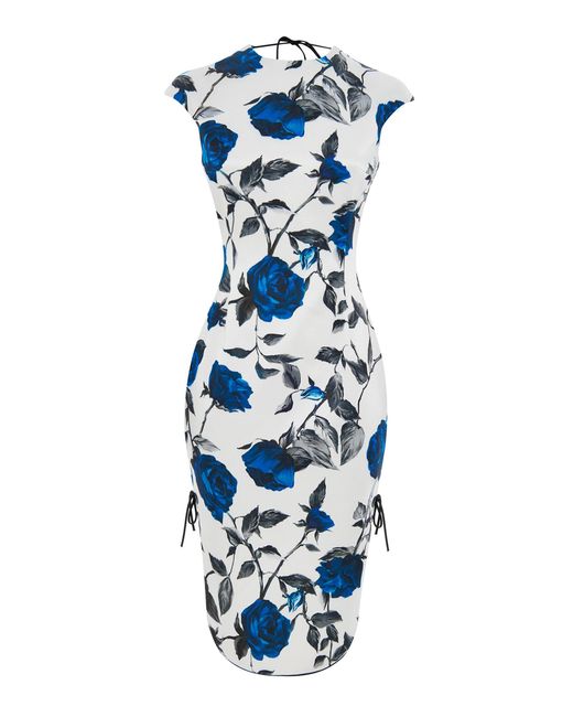 Rasario Blue Floral-printed Open Back Midi Dress