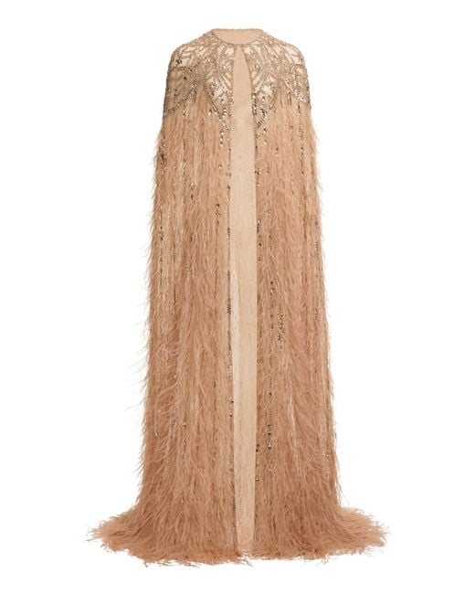 Elie Saab Natural Bead-Embroidered Feather-Embellished Silk-Blend Cape