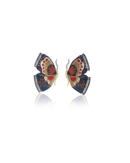 Silvia Furmanovich Sculptural Botanical Marquetry Blue Butterfly Earrings