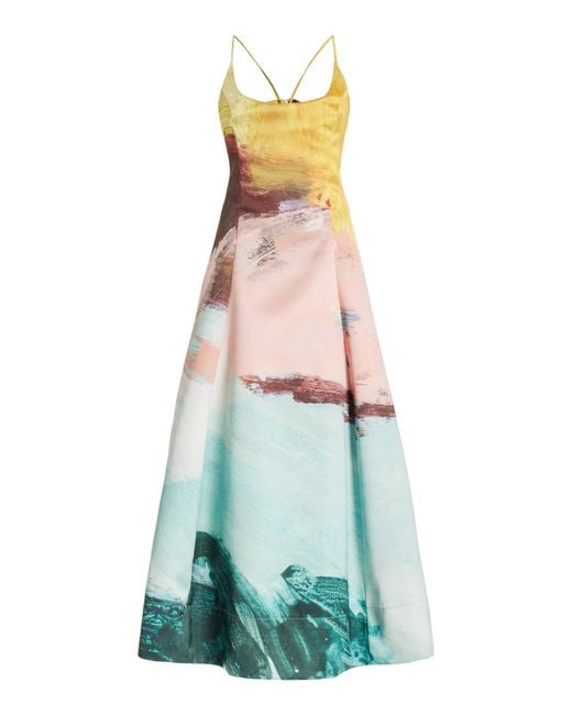 Oscar de la Renta White Abstract-print Satin Midi Dress