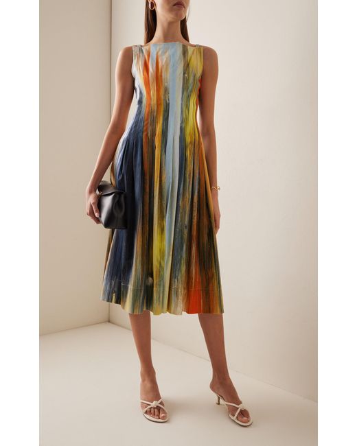 Oscar de la Renta Multicolor Pleated Cotton Sateen Midi Dress