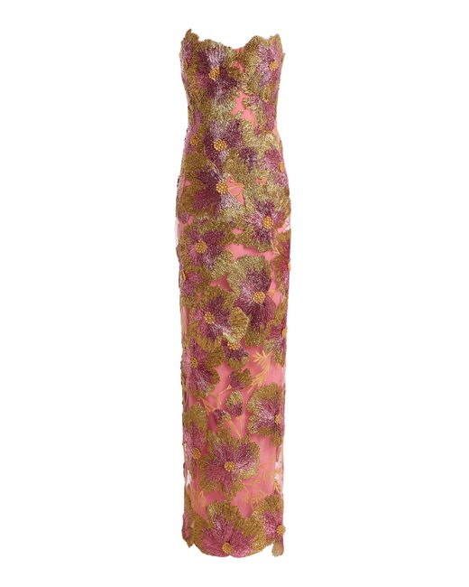 Monique Lhuillier White Floral-Embroidered Tulle Gown