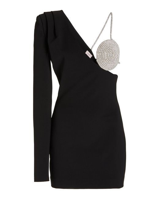 Nue Black Rhinestone-detailed One-shoulder Jersey Mini Dress