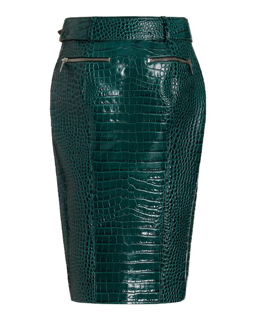 LAQUAN SMITH Green Croc-embossed Leather Midi Skirt
