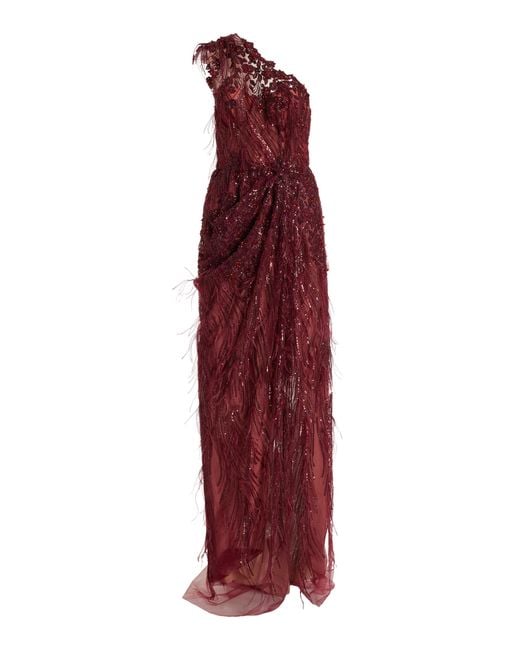 Marchesa Red Lace Off-shoulder Feather-embellished Lace Gown