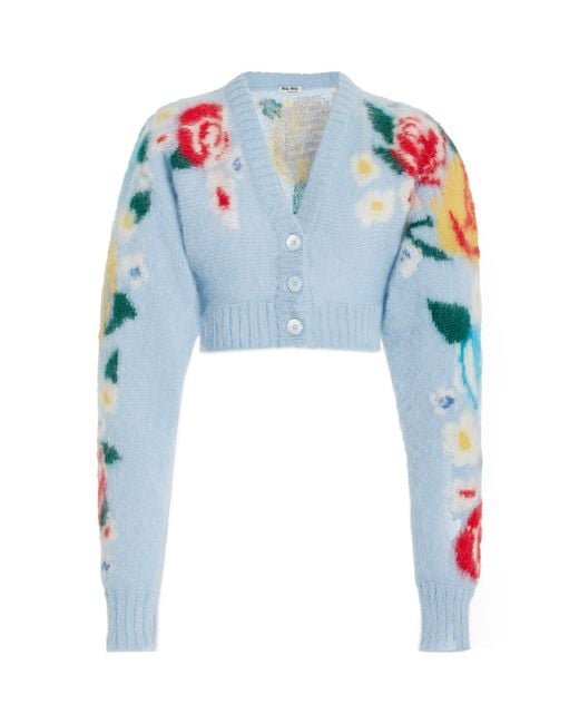 Miu Miu Floral Mohair-blend Cropped Sweater in Blue | Lyst