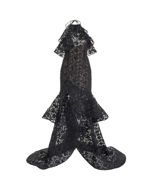 Oscar de la Renta Black Ruffled Gardenia Guipure-lace Gown